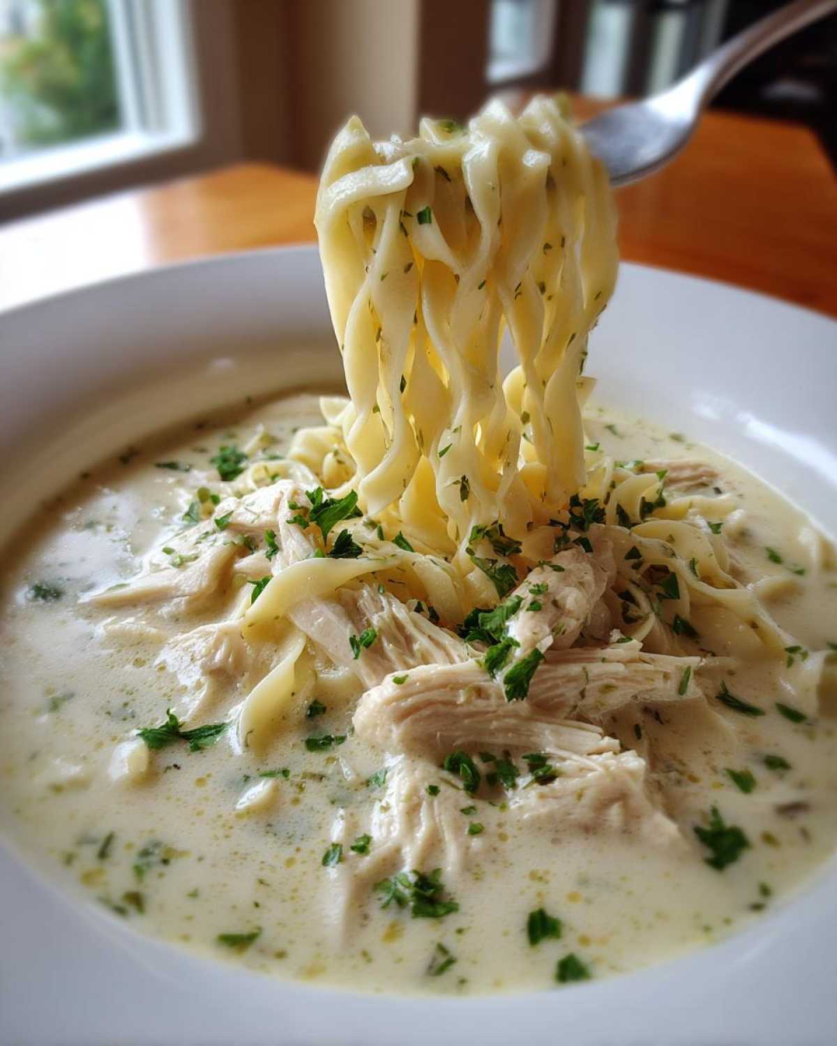 A fork lifting wide egg noodles from a bowl of creamy chicken soup filled with shredded chicken and parsley.