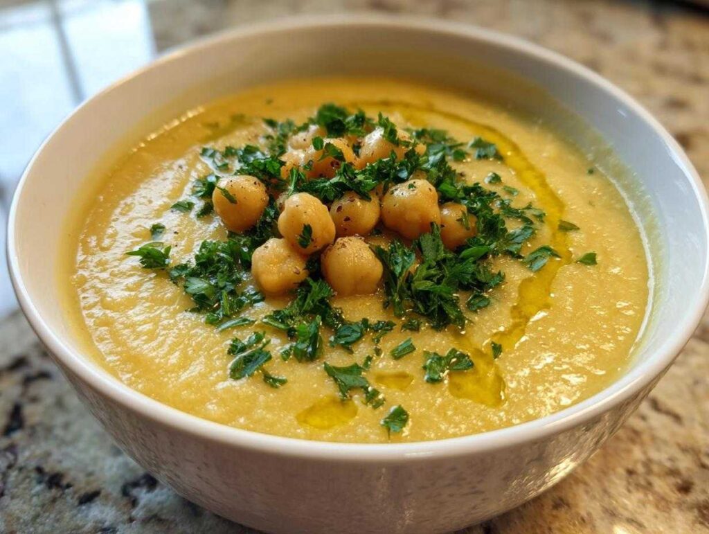 A close-up of a bowl of creamy yellow chickpea soup, garnished with whole chickpeas, fresh parsley, and olive oil.