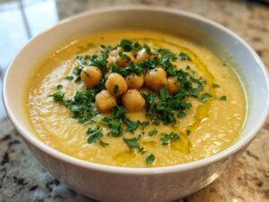 A close-up of a bowl of creamy yellow chickpea soup, garnished with whole chickpeas, fresh parsley, and olive oil.