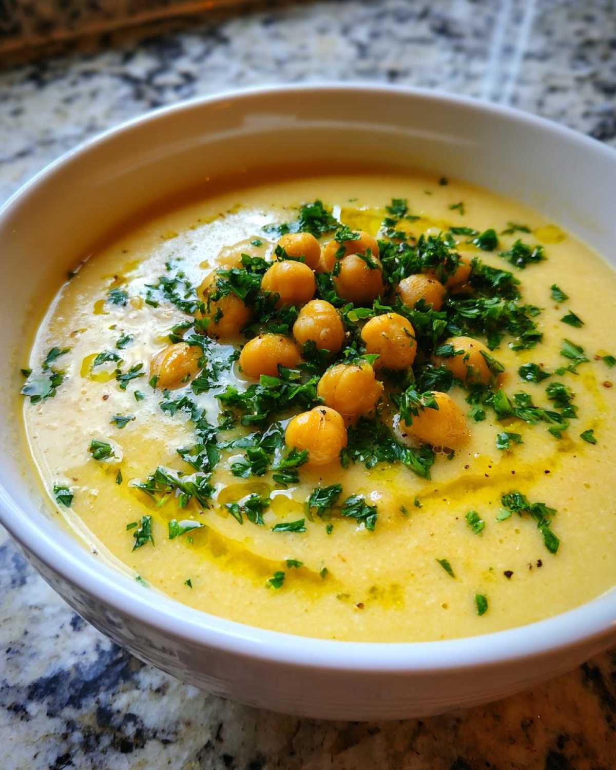 A close-up of creamy chickpea soup, garnished with whole chickpeas, fresh parsley, and a drizzle of olive oil.