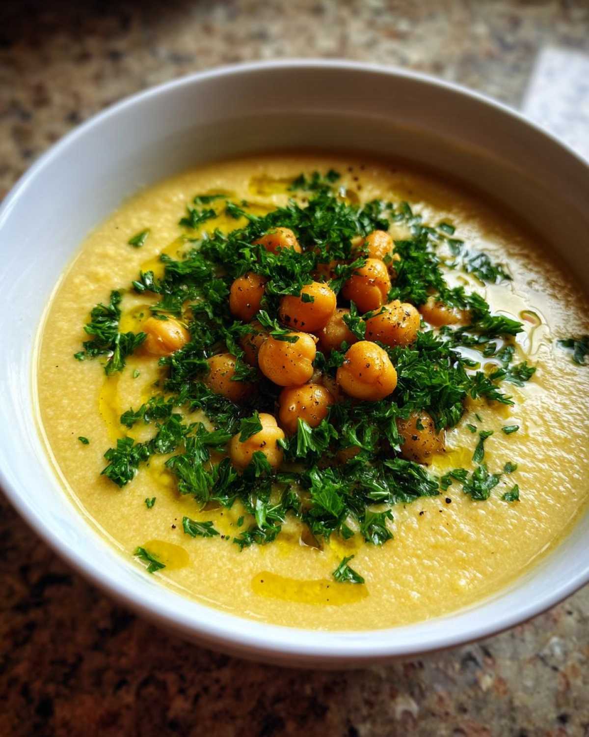 A close-up of creamy chickpea soup garnished with whole chickpeas, fresh parsley, and a drizzle of olive oil.