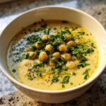 A close-up of creamy chickpea soup garnished with whole chickpeas, fresh parsley, and black pepper.