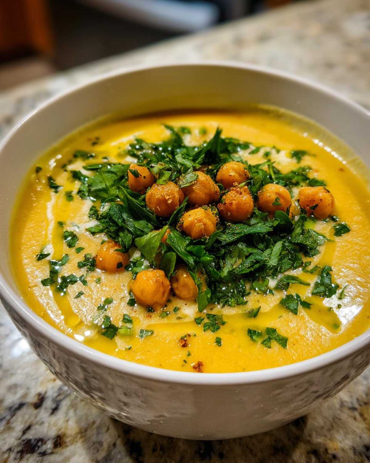 Close-up of creamy chickpea soup garnished with crispy chickpeas, fresh parsley, and a swirl of oil.