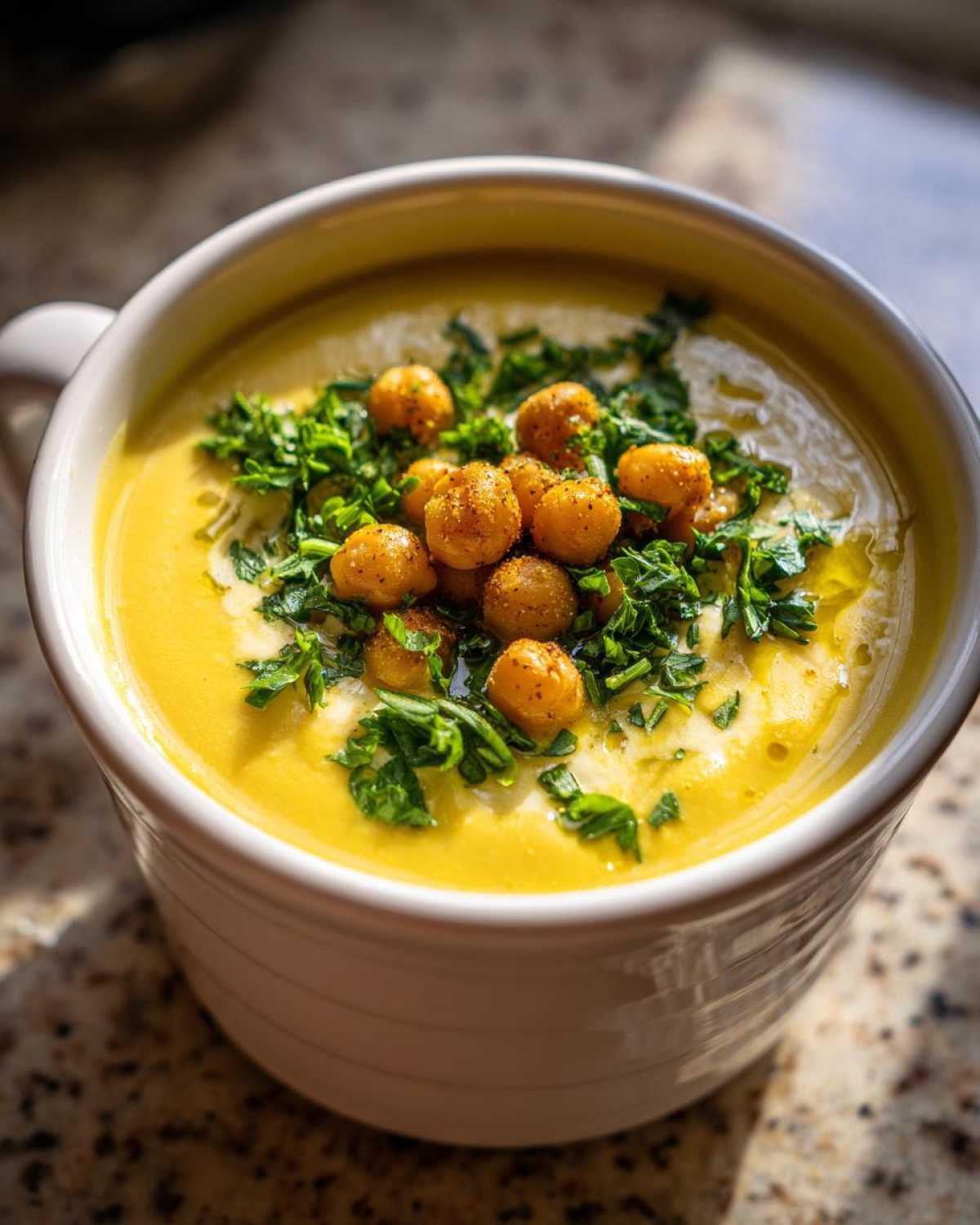 Close-up of creamy yellow chickpea soup in a white mug, garnished with roasted chickpeas and fresh parsley.