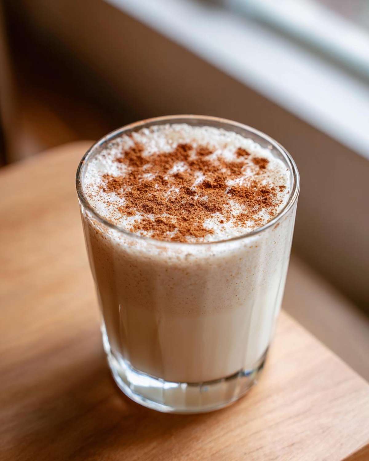 A glass filled with creamy coquito recipe, topped generously with ground cinnamon.