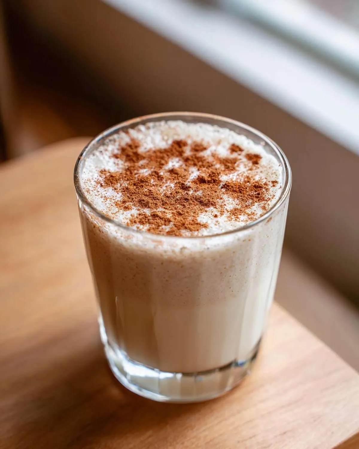 A glass filled with creamy coquito recipe, topped generously with ground cinnamon.