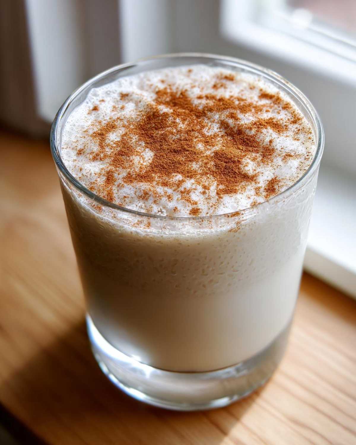 Close-up of a glass filled with creamy coquito recipe, topped with a generous dusting of ground cinnamon.
