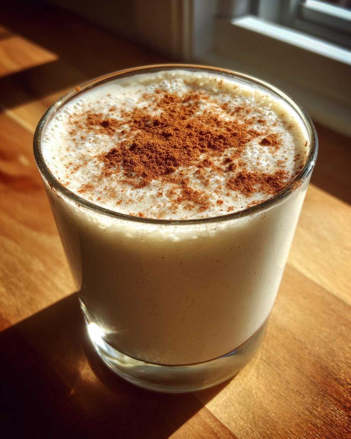 A creamy glass of homemade coquito recipe topped generously with ground cinnamon powder.