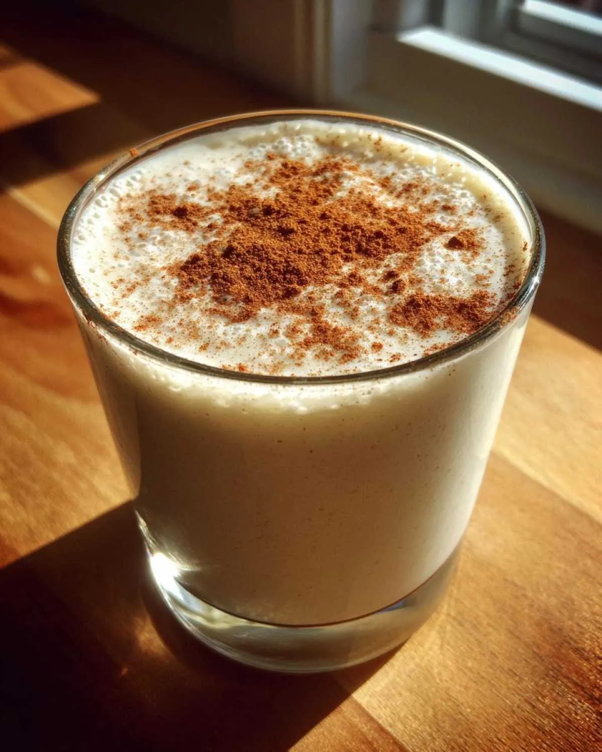 A creamy glass of homemade coquito recipe topped generously with ground cinnamon powder.