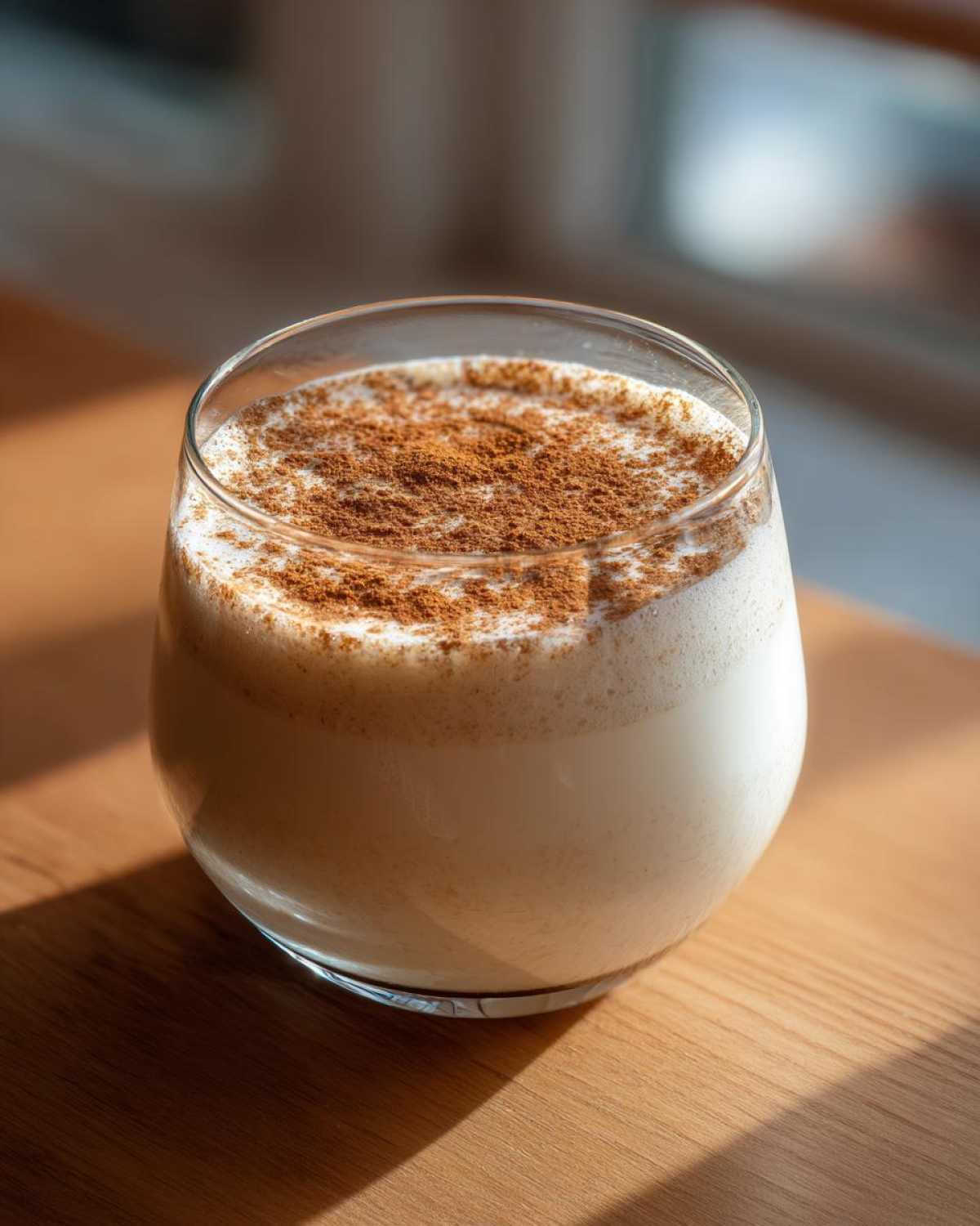 A glass filled with creamy coquito recipe drink, topped generously with ground cinnamon.