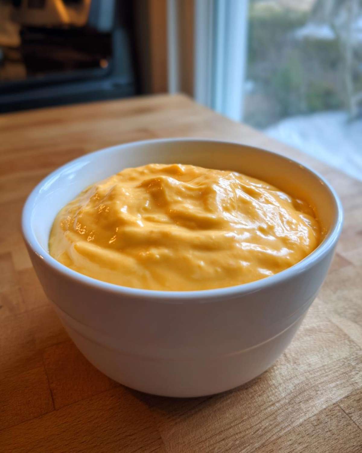 A close-up of smooth, bright orange cottage cheese queso served in a white bowl on a wooden surface.