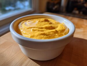 A close-up of bright orange, creamy cottage cheese queso swirled in a small white bowl on a wooden surface.