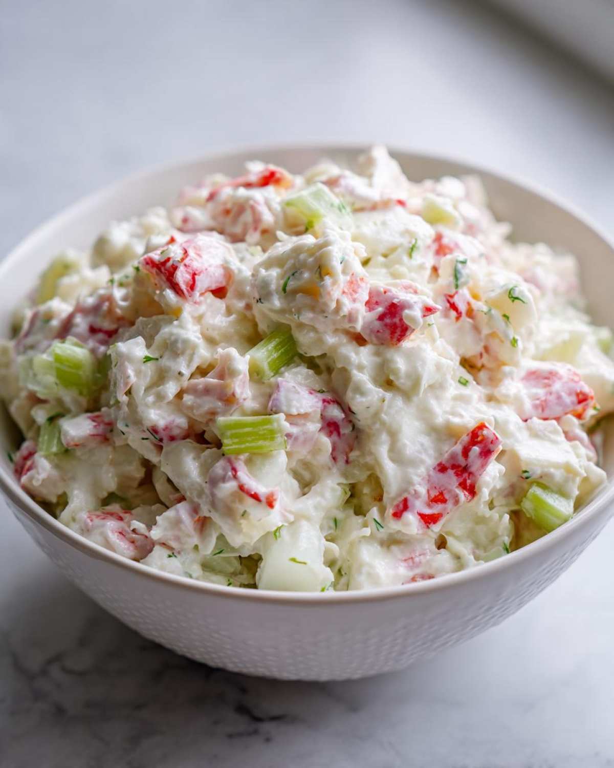 A close-up of creamy crab salad mixed with celery and red pepper chunks in a white textured bowl.