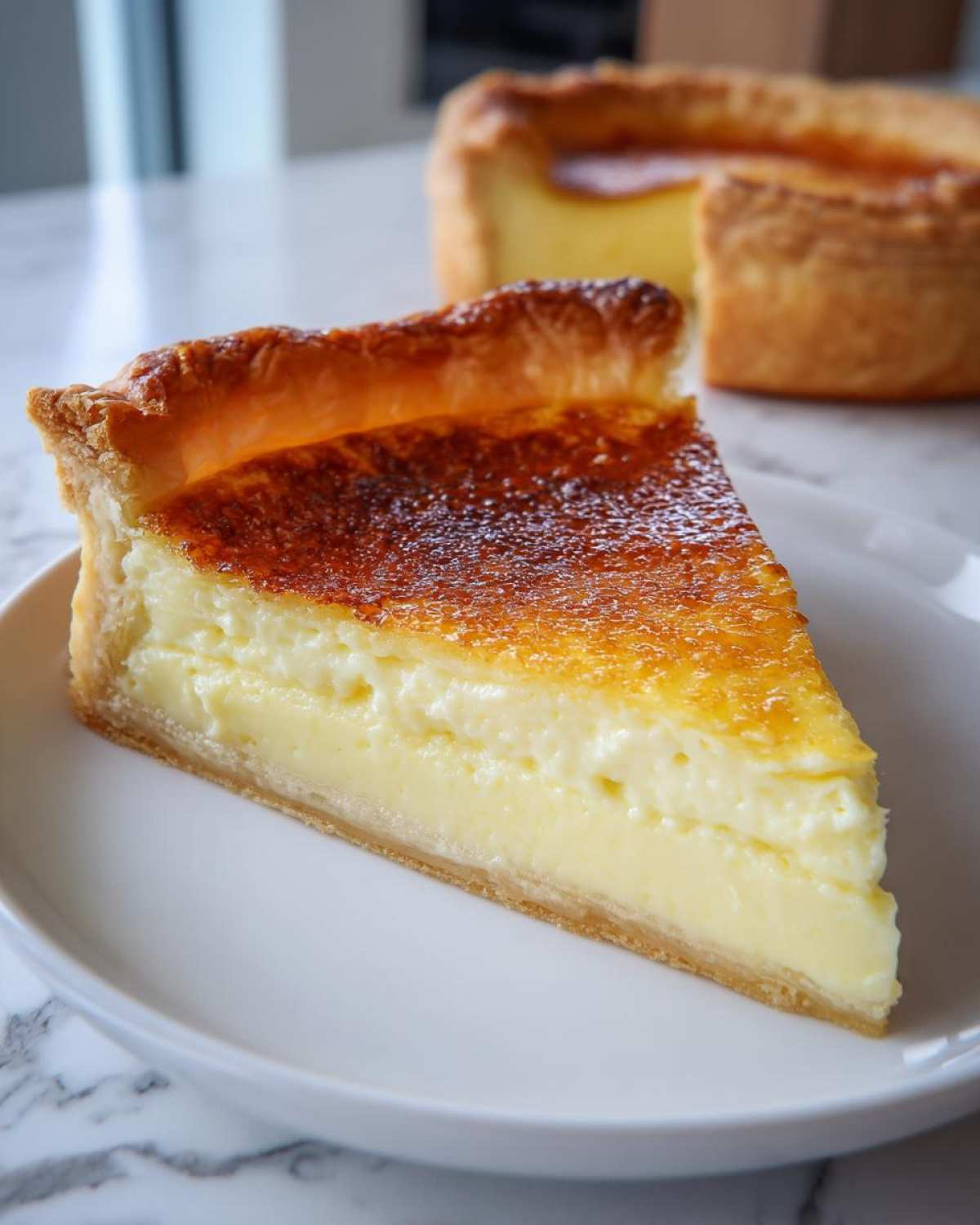 A thick slice of creamy custard pie with a golden-brown caramelized top resting on a white plate.