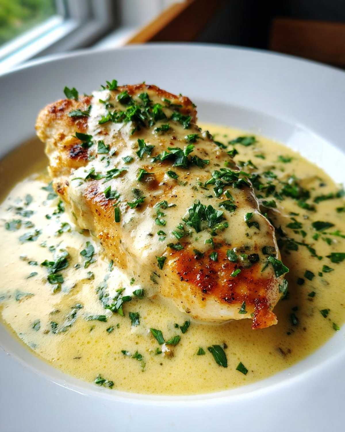 A pan-seared chicken breast covered in creamy sauce and fresh parsley, representing the Dijon chicken recipe.