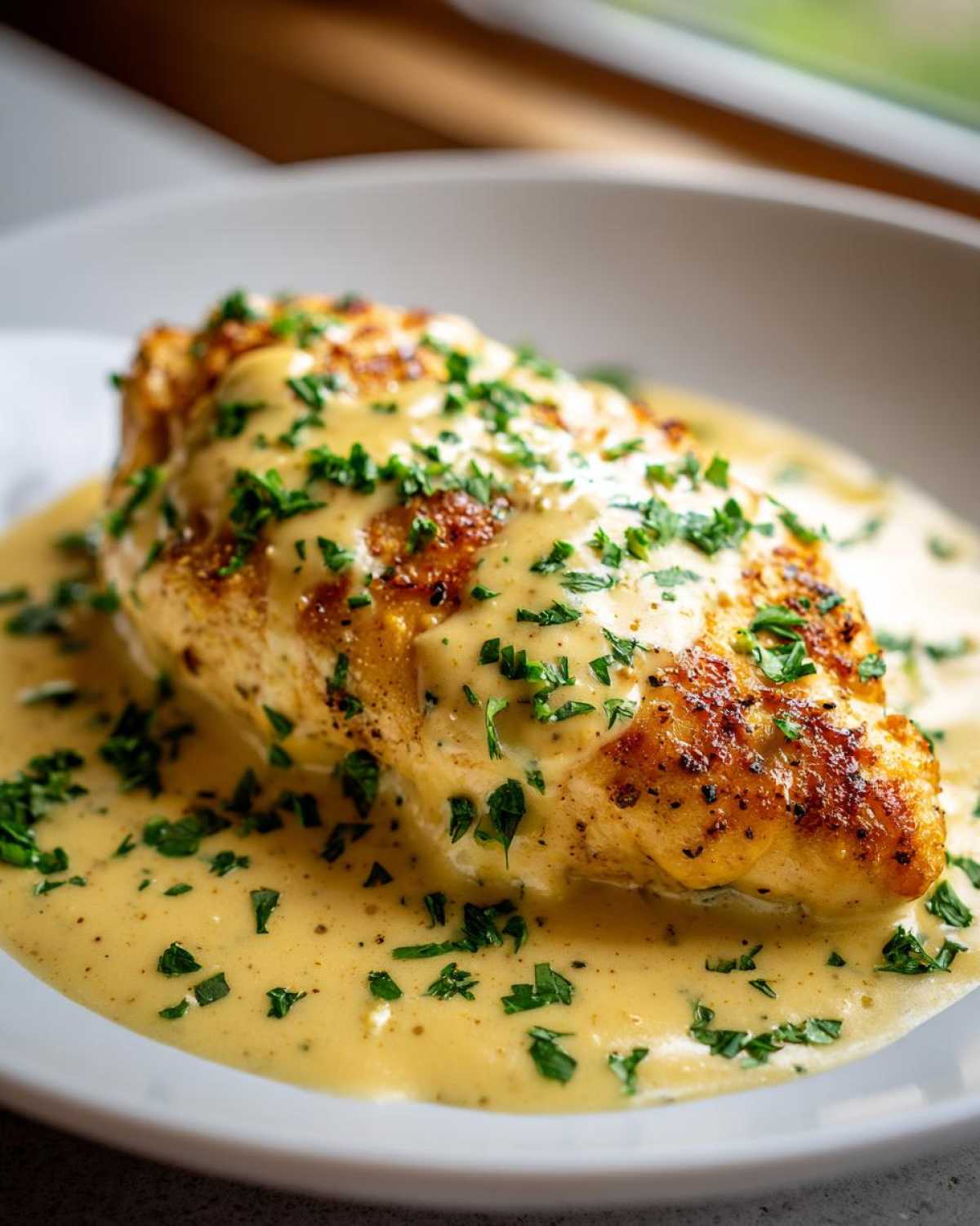 Close-up of a perfectly seared chicken breast smothered in creamy Dijon sauce and topped with fresh parsley.