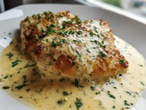 Two pan-seared chicken breasts covered in a rich, creamy Dijon sauce and sprinkled with fresh parsley.
