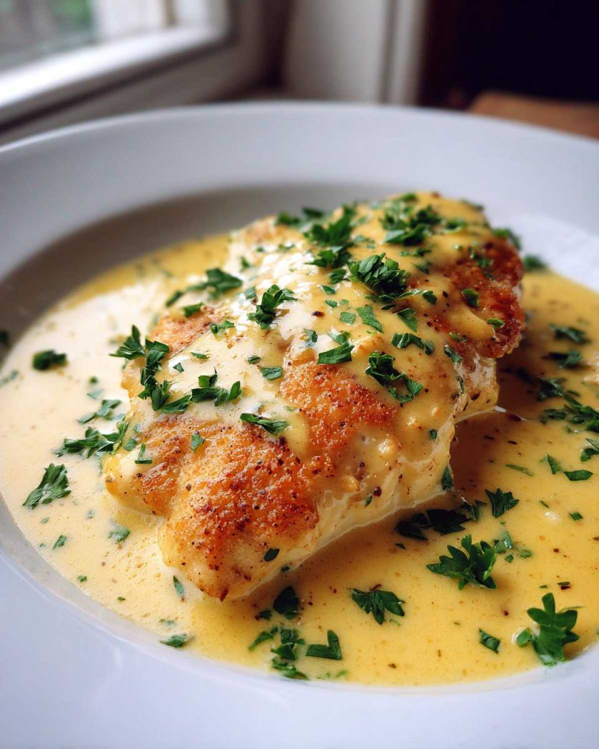 A perfectly seared chicken breast smothered in creamy Dijon sauce and topped with fresh parsley.