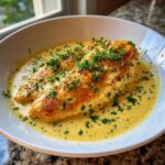 Two golden-brown chicken breasts swimming in a creamy, yellow sauce, topped with fresh parsley. This is our creamy dijon chicken.