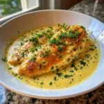 Two golden-brown chicken breasts swimming in a creamy, yellow sauce, topped with fresh parsley. This is our creamy dijon chicken.