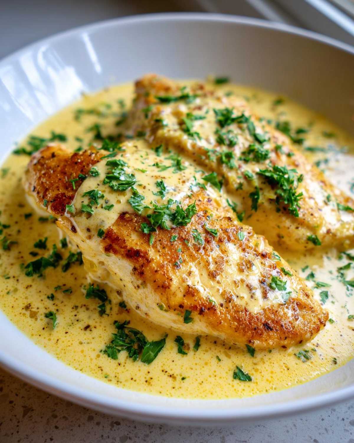 Two golden-brown chicken breasts smothered in a creamy yellow sauce and topped with fresh parsley, ready to eat.