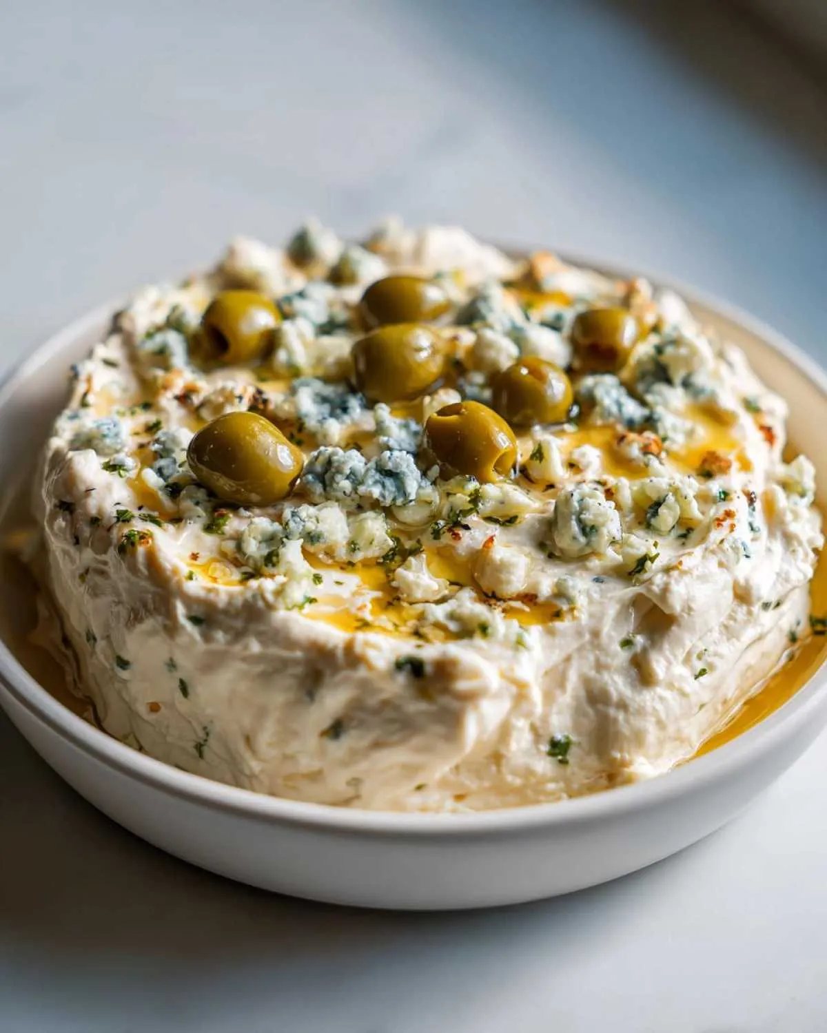 A bowl of creamy dirty martini dip topped with green olives, blue cheese crumbles, and olive oil drizzle.