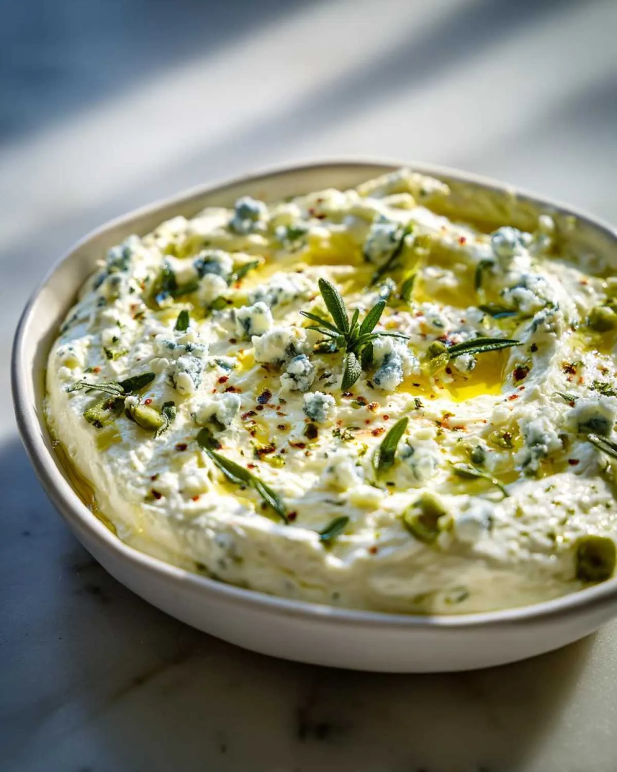Close-up of a creamy white dirty martini dip topped with blue cheese crumbles, olive pieces, and fresh rosemary sprigs.