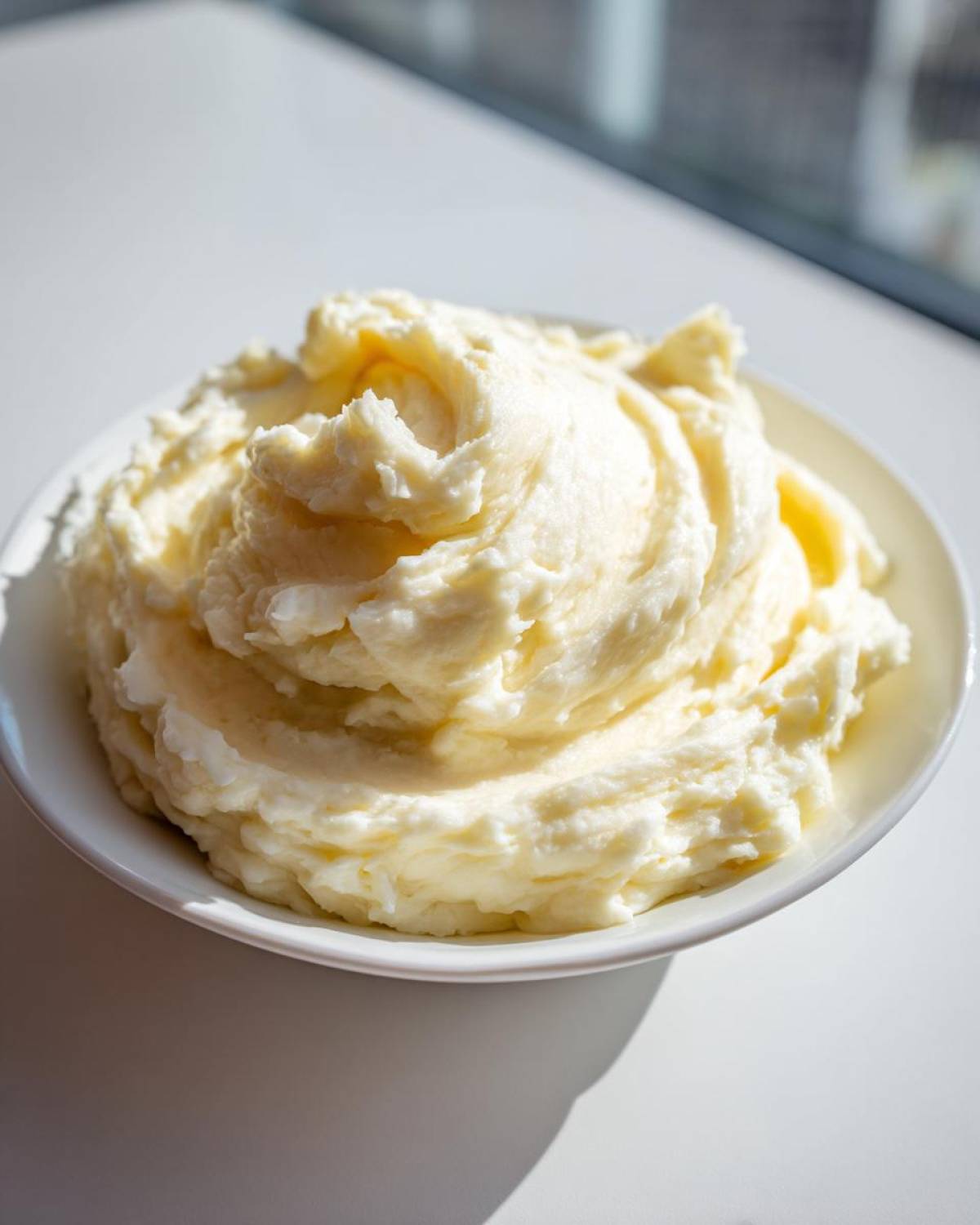 A bowl piled high with ultra creamy garlic mashed potatoes, showing rich texture and a slight yellow hue.