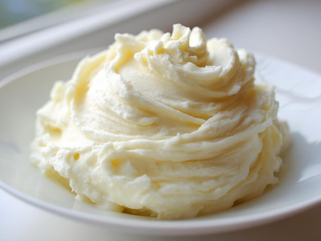 A close-up of a perfectly piped mound of creamy garlic mashed potatoes on a white plate.