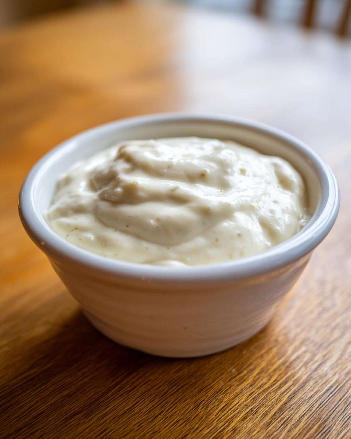 A close-up of thick, creamy garlic sauce served in a small white dipping bowl on a wooden table.