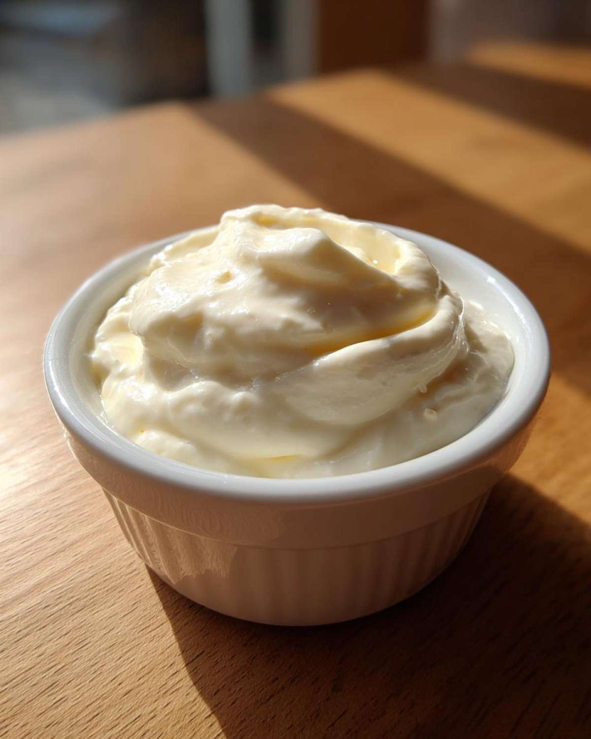 A close-up of thick, creamy garlic sauce swirled high in a small white ramekin on a wooden surface.