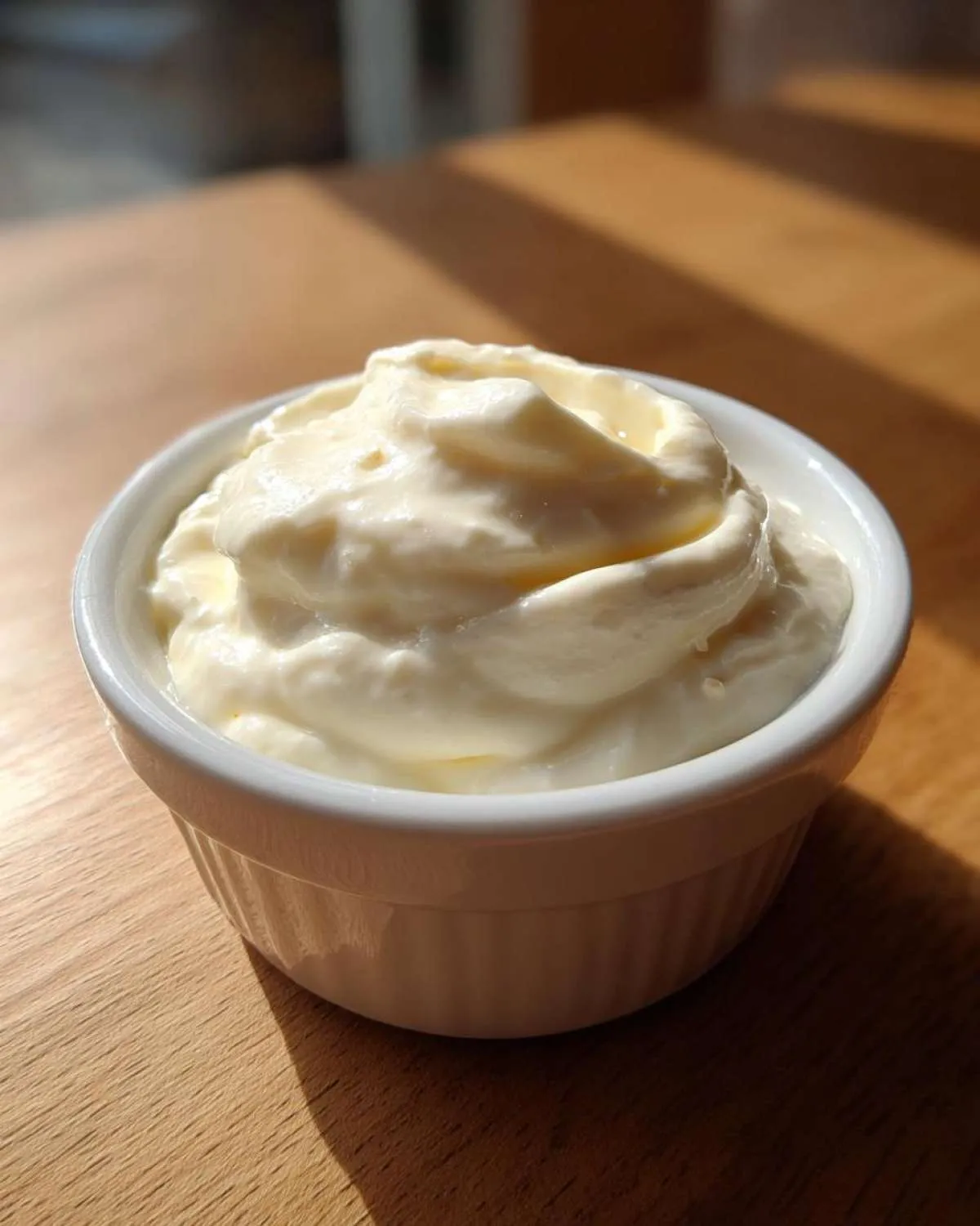 A close-up of thick, creamy garlic sauce swirled high in a small white ramekin on a wooden surface.