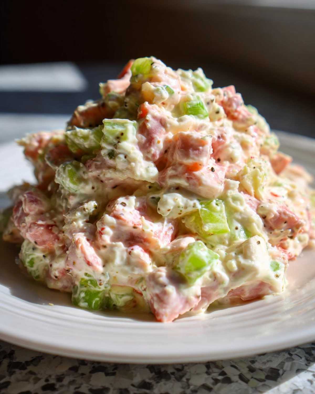 A mound of creamy ham salad mixed with diced pink ham and bright green celery, seasoned with black pepper, served on a white plate.