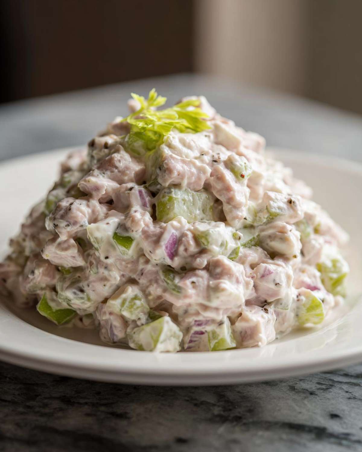 A mound of creamy, chunky ham salad mixed with celery and red onion, garnished with celery leaves.