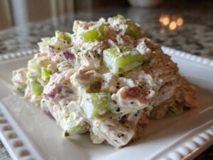 A mound of creamy ham salad mixed with chunks of green grapes and celery, seasoned with black pepper, served on a white plate.