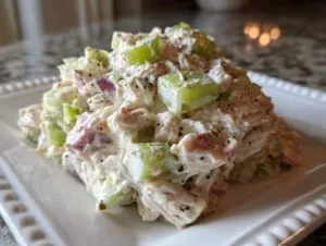 A mound of creamy ham salad mixed with chunks of green grapes and celery, seasoned with black pepper, served on a white plate.