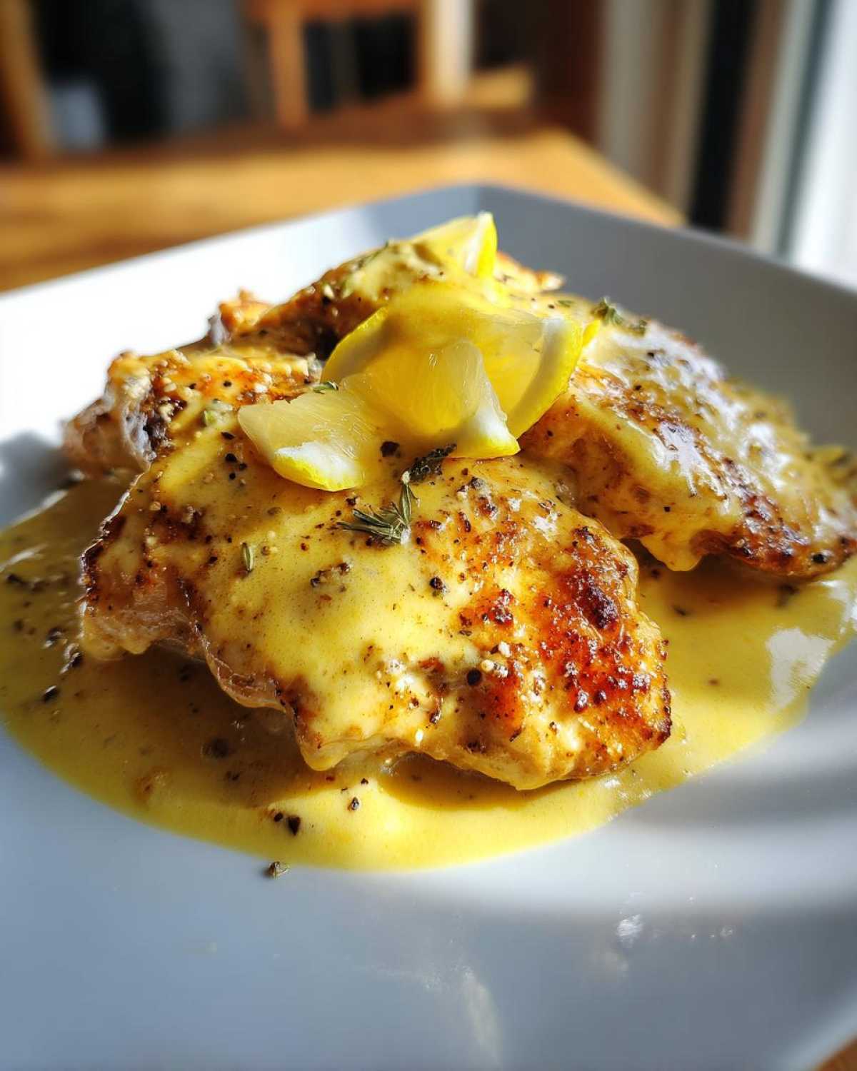 Three pieces of seared chicken breast covered in a rich, creamy lemon sauce, garnished with lemon wedges and herbs.