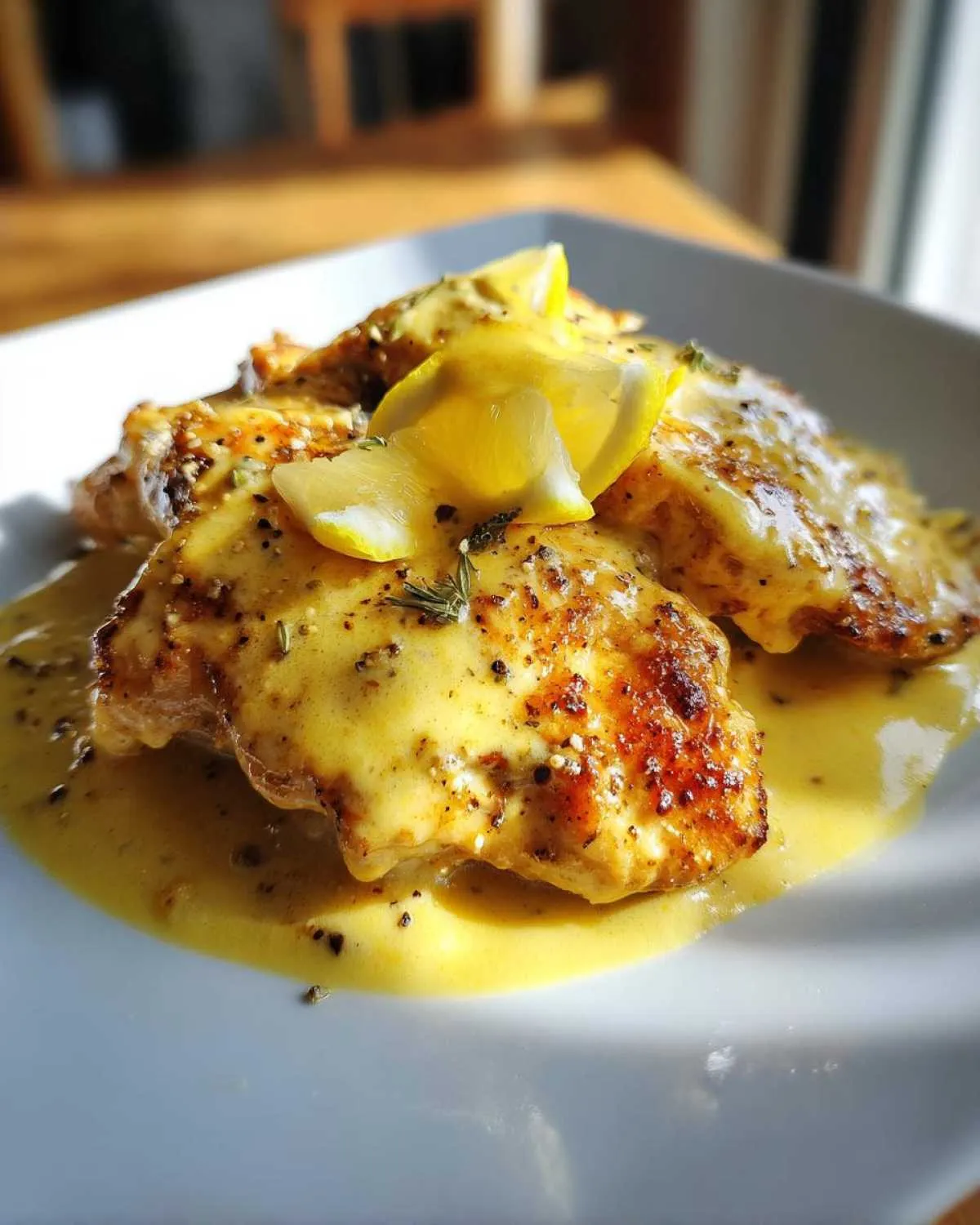 Three pieces of seared chicken breast covered in a rich, creamy lemon sauce, garnished with lemon wedges and herbs.