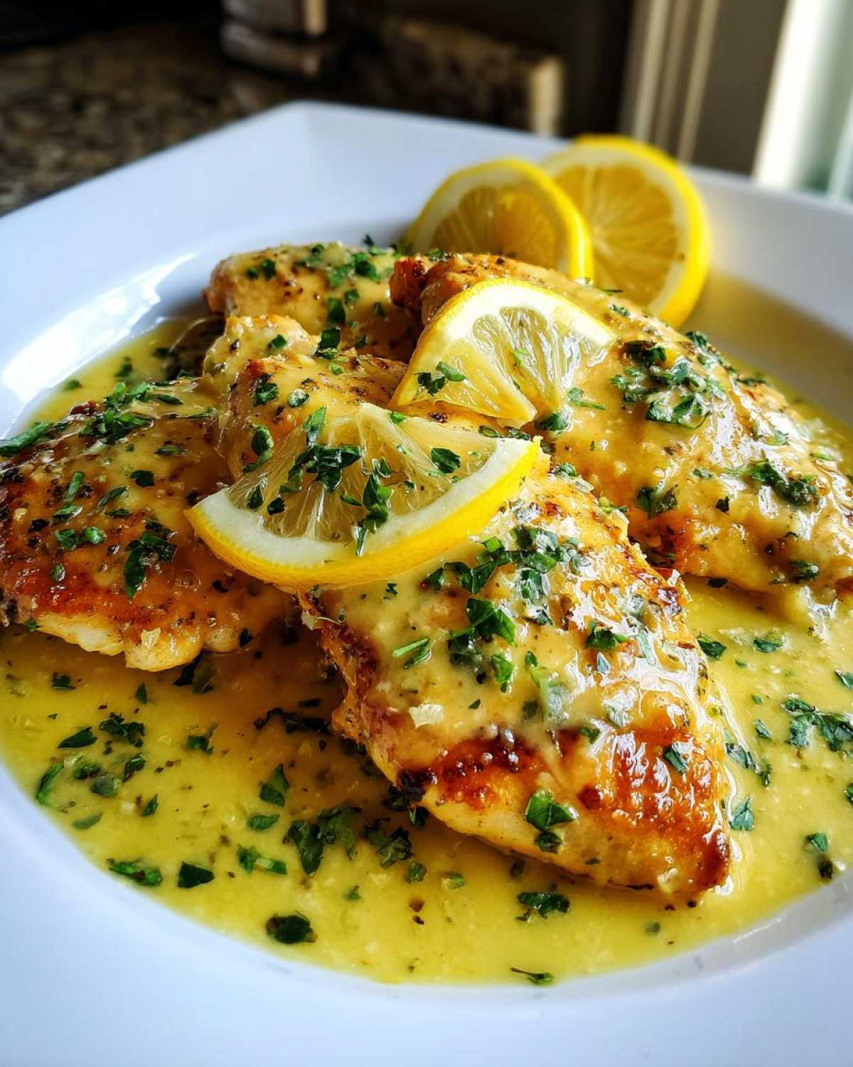 Close-up of pan-seared creamy lemon chicken breasts covered in rich sauce and fresh parsley, garnished with lemon slices.