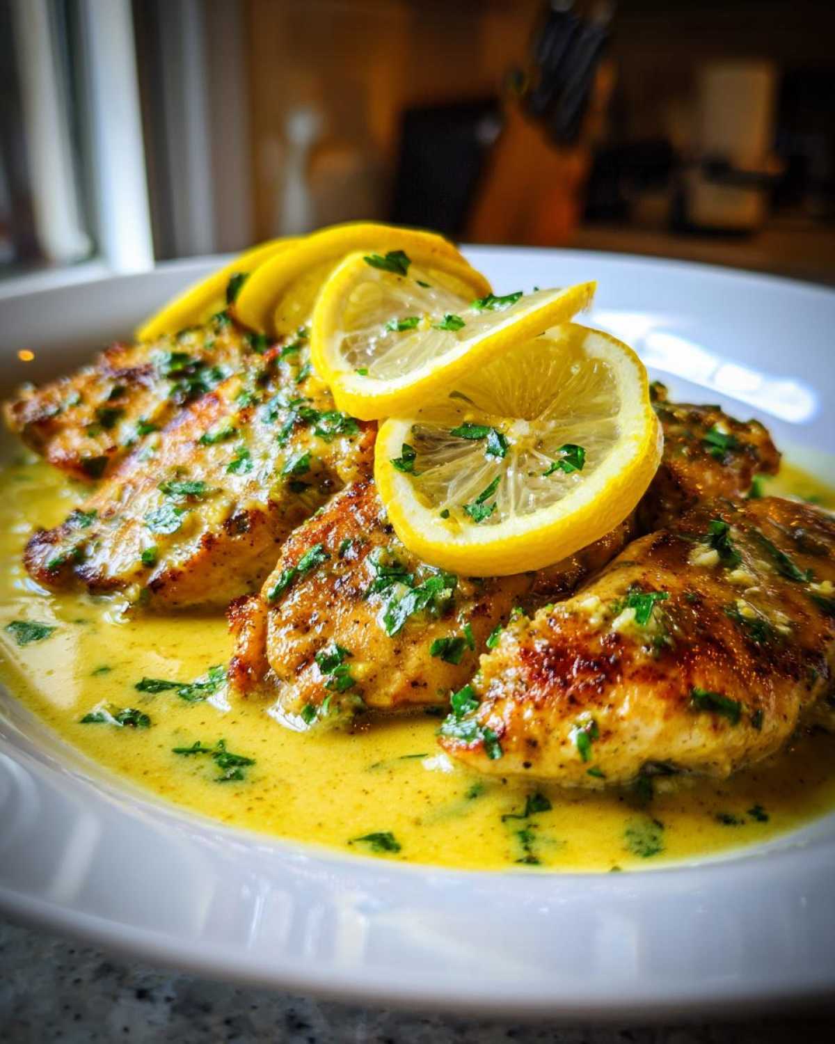 Close-up of pan-seared chicken breasts covered in a rich, creamy lemon sauce and garnished with fresh lemon slices.