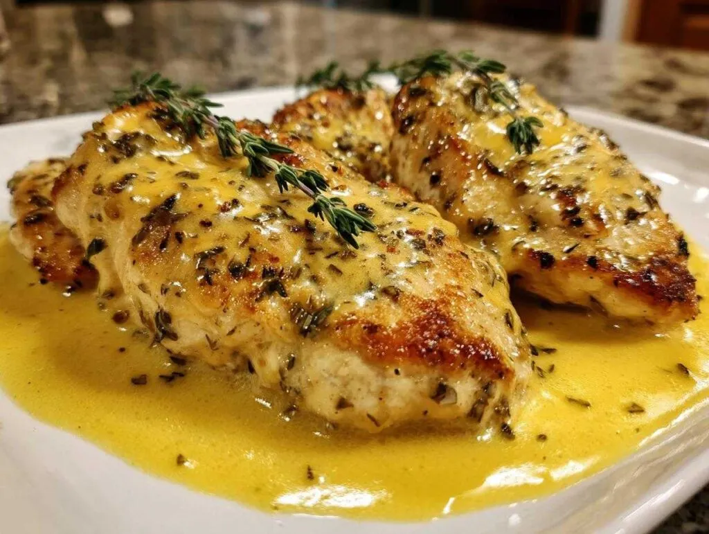 Close-up of seared chicken breasts covered in a rich, yellow creamy lemon chicken sauce and garnished with fresh thyme sprigs.