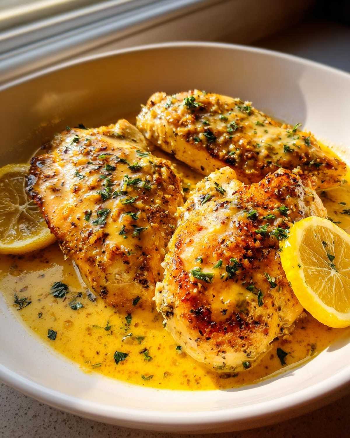 Three golden-brown chicken breasts swimming in a rich, bright yellow creamy lemon chicken sauce, garnished with parsley and lemon slices.