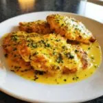 Four golden-brown chicken cutlets smothered in a rich, yellow creamy lemon chicken sauce and topped with fresh parsley.