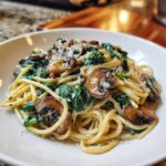 A close-up of creamy mushroom pasta tossed with wilted spinach and topped with grated Parmesan cheese.