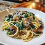 A close-up of creamy mushroom pasta tossed with wilted spinach and topped with grated Parmesan cheese.