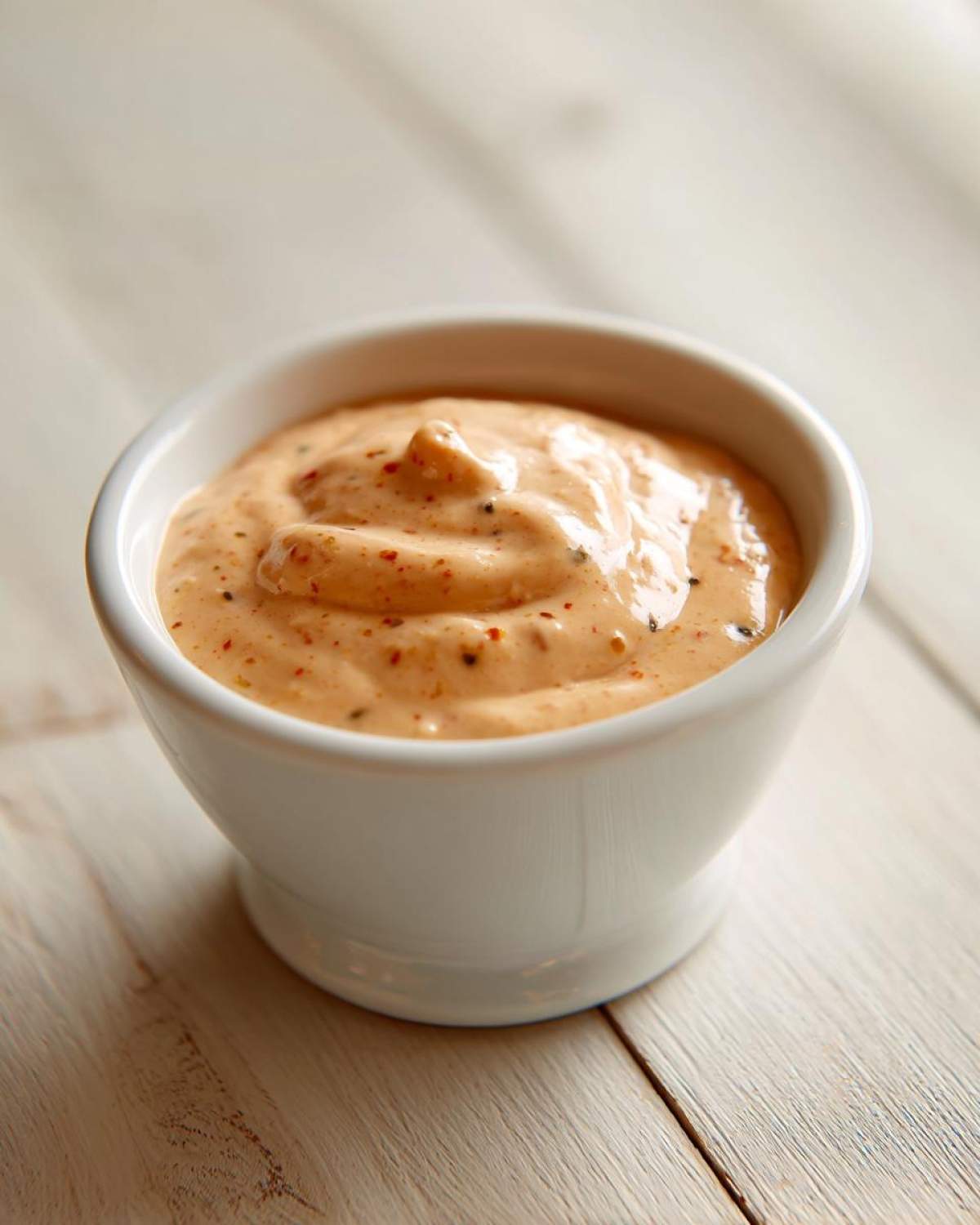 A close-up of creamy, orange-hued burger sauce speckled with spices, served in a small white ramekin.