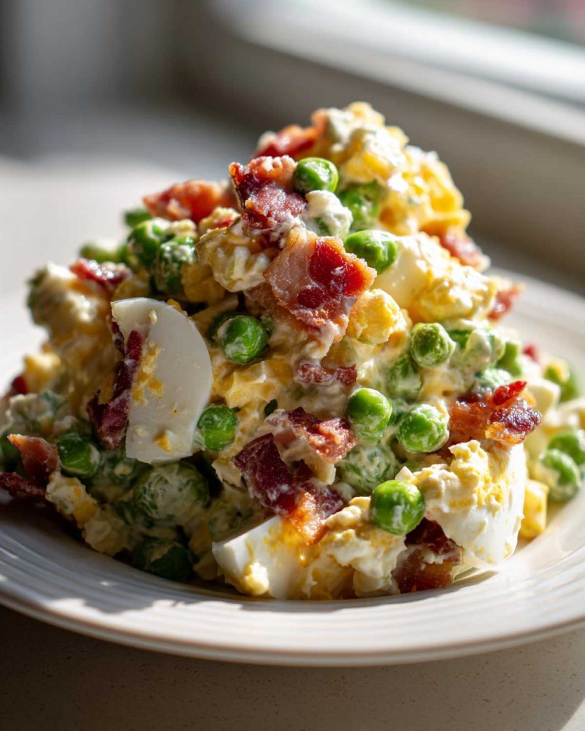 A mound of creamy pea salad mixed with bright green peas, crumbled bacon, and chunks of hard-boiled egg.