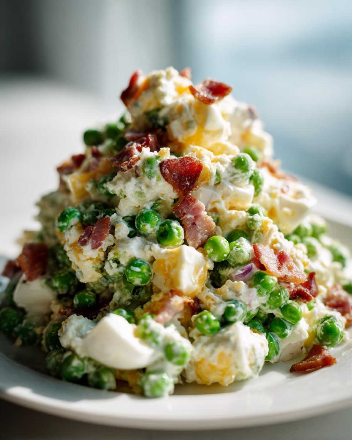 A mound of creamy pea salad mixed with chunks of egg and topped generously with crispy bacon pieces.