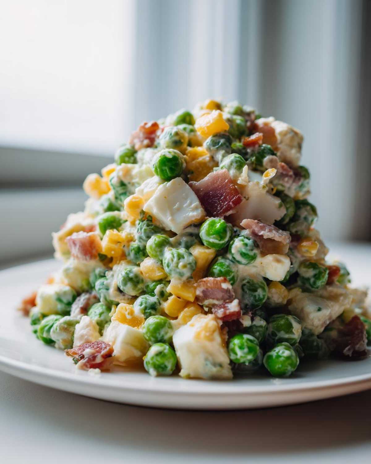 A tall mound of creamy pea salad featuring bright green peas, chunks of egg, corn, and bacon bits, served on a white plate.