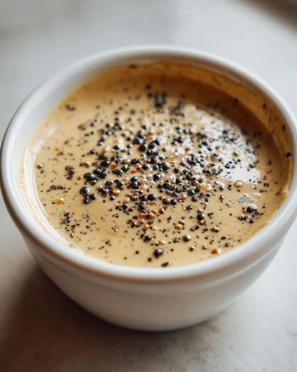 Close-up of creamy, light brown peppercorn sauce topped generously with cracked black and mixed peppercorns.